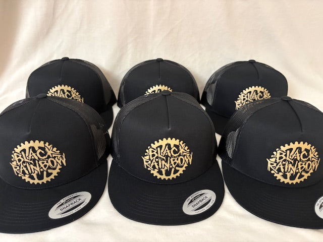 Trucker Hat - flat brim - snap back - Black with Gold logo