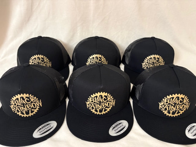 Trucker Hat - flat brim - snap back - Black with Gold logo